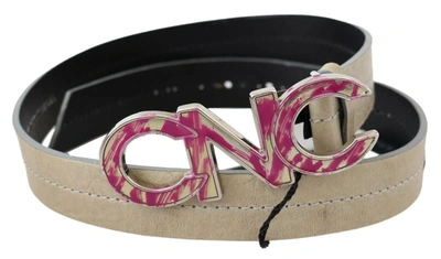 Costume National Beige Leather Pink Letter Logo Buckle Belt In Beige