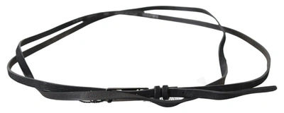 Costume National Black Leather Skinny Logo Buckle Belt In Black