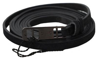 Costume National Black Leather Skinny Logo Buckle Belt In Black