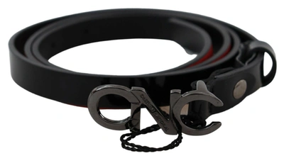 Costume National Black Skinny Leather Logo Buckle Belt In Black