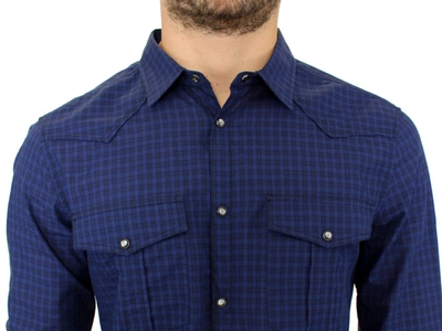 Shop Costume National Chic Blue Checkered Casual Cotton Men's Shirt