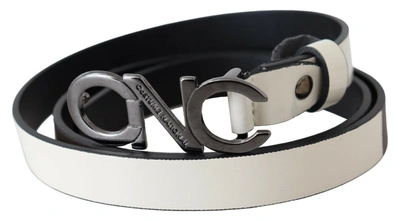 Costume National Belt Mettalic Gray Leather Logo Belt In White