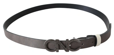 Costume National Belt Mettalic Gray Leather Logo Belt In White