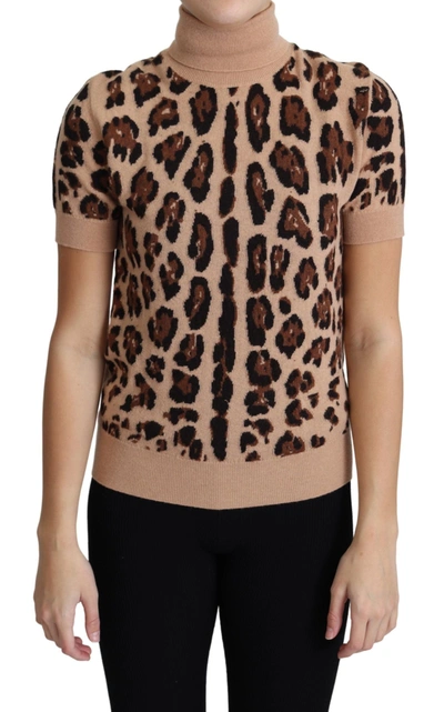 Shop Dolce & Gabbana Elegant Leopard Print Wool Turtleneck Women's Top In Beige