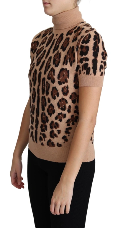 Dolce & Gabbana Beige Leopard Print Virgin Wool Turtleneck Top In Beige