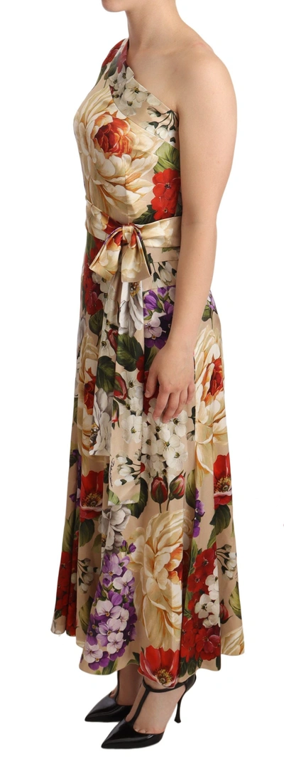 Shop Dolce & Gabbana Elegant Floral One-shoulder Silk Women's Dress In Beige