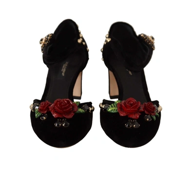 Shop Dolce & Gabbana Black Crystal Rose Heel Women's Sandals