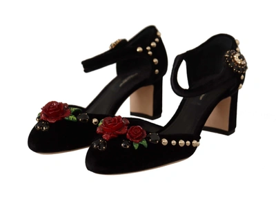Shop Dolce & Gabbana Black Crystal Rose Heel Women's Sandals