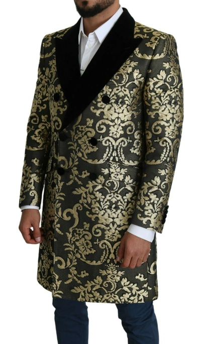 Dolce & Gabbana Black Gold Jacquard Long Coat Sicilia Jacket In Gold Black