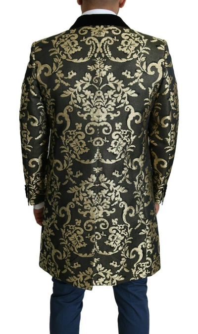 Dolce & Gabbana Black Gold Jacquard Long Coat Sicilia Jacket In Gold Black