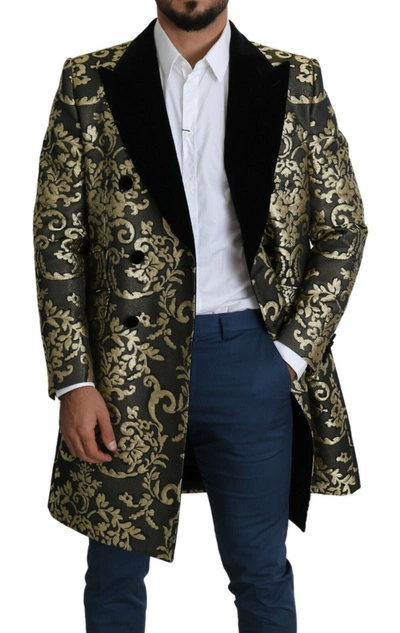 Dolce & Gabbana Black Gold Jacquard Long Coat Sicilia Jacket In Gold Black
