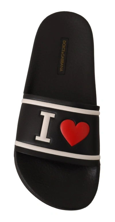 Dolce & Gabbana Black Leather I Love D&amp;g Slides Women's Sandals In Black