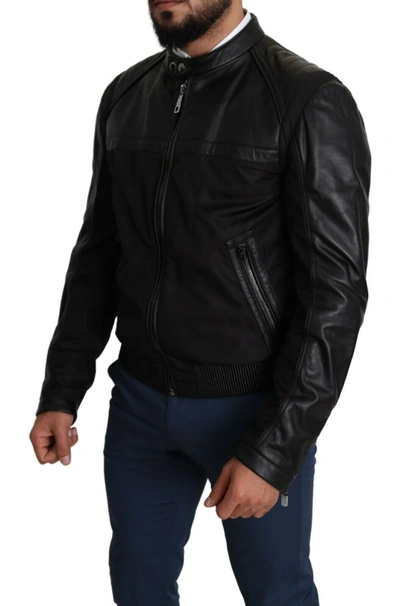 Shop Dolce & Gabbana Elegant Black Bomber With Leather Men's Accents