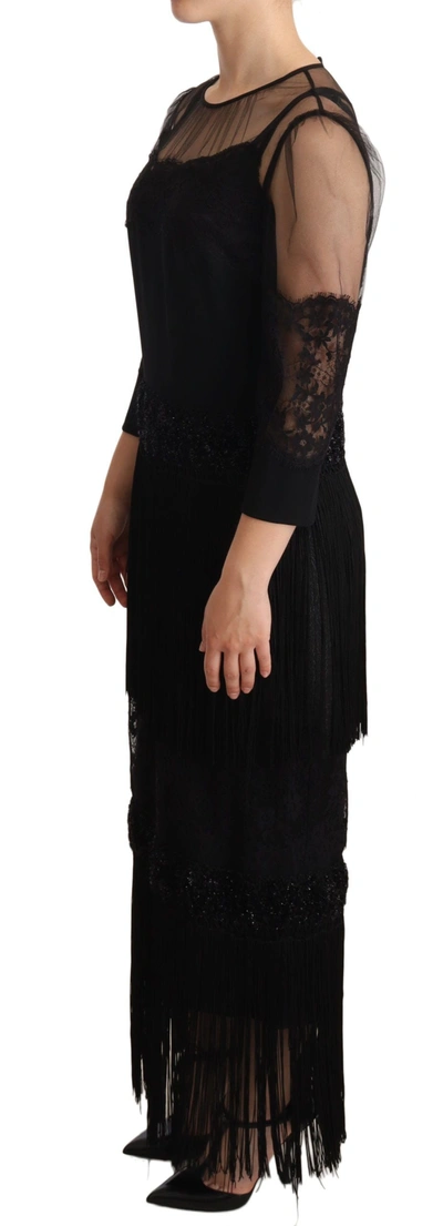 Dolce & Gabbana Black Sheer Floral Lace Crystal Maxi Dress In Black