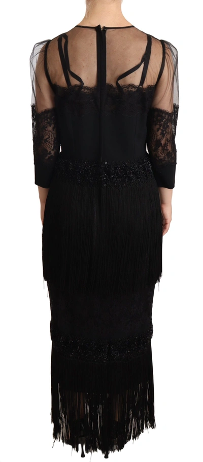 Dolce & Gabbana Black Sheer Floral Lace Crystal Maxi Dress In Black