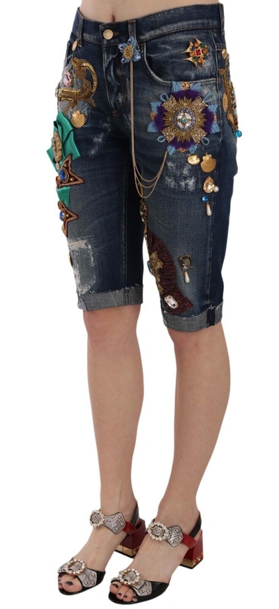 Shop Dolce & Gabbana Elegant Knee-length Embellished Denim Women's Shorts In Blue