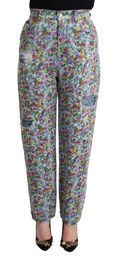 Shop Dolce & Gabbana Floral High Waisted Tapered Denim Women's Jeans In Blue