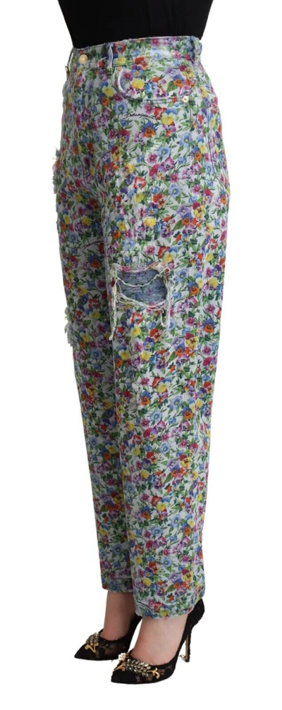 Dolce & Gabbana Blue Floral Print High Waist Denim Tapered Jeans In Blue