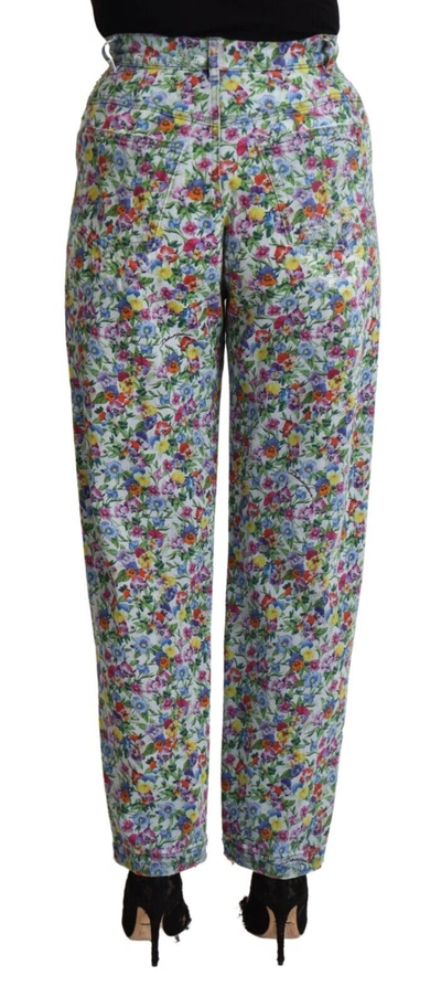 Dolce & Gabbana Blue Floral Print High Waist Denim Tapered Jeans In Blue