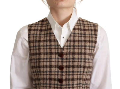 Shop Dolce & Gabbana Elegant Checkered V-neck Sleeveless Vest Women's Top In Brown