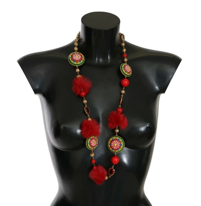 Shop Dolce & Gabbana Exquisite Red Fur Crystal Torero Waist Women's Belt In Gold