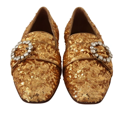 Shop Dolce & Gabbana Gold Sequin Crystal Flat Women Loafers Women's Shoes