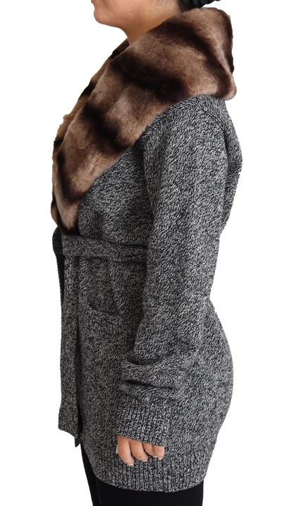 Shop Dolce & Gabbana Elegant Cashmere Cardigan With Rabbit Fur Women's Collar In Gray