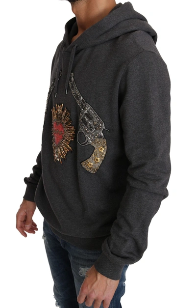 Dolce & Gabbana Gray Hooded Red Crystal Heart Gun Sweater In Gray