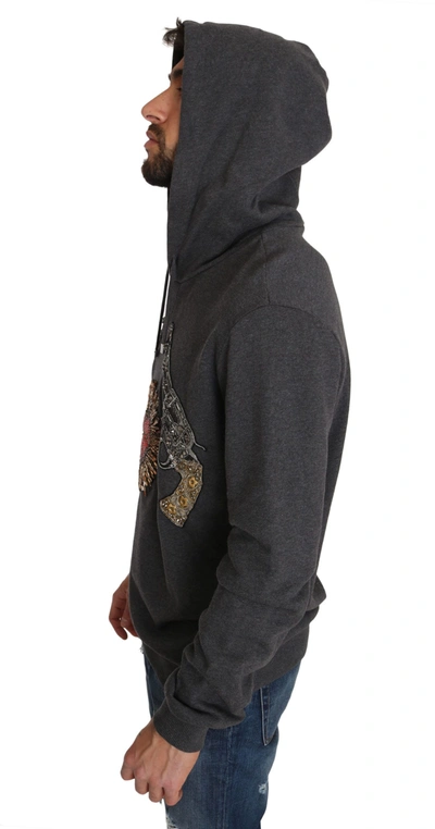 Dolce & Gabbana Gray Hooded Red Crystal Heart Gun Sweater In Gray