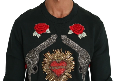 Shop Dolce & Gabbana Emerald Cotton Sweater With Crystal Men's Embroidery In Green