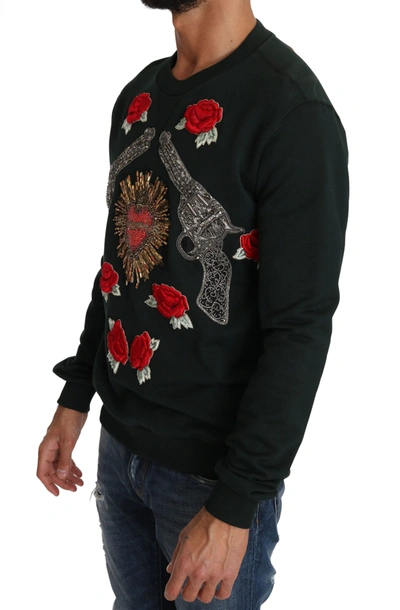 Shop Dolce & Gabbana Emerald Cotton Sweater With Crystal Men's Embroidery In Green