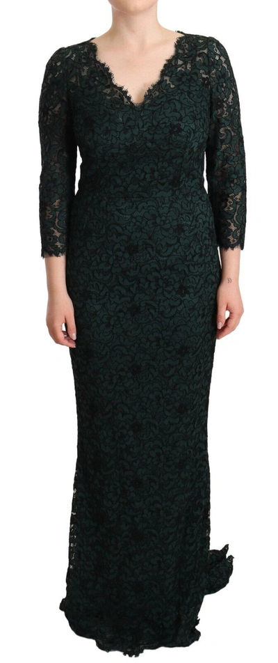 Shop Dolce & Gabbana Elegant Lace Floor-length V-neck Women's Dress In Green