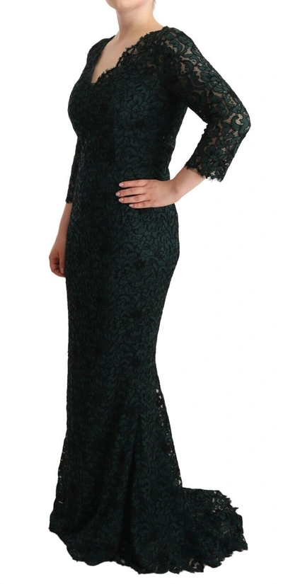Dolce & Gabbana Green Floral Lace Maxi Floor Length Dress In Green