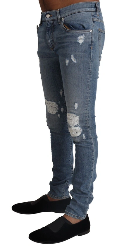 Dolce & Gabbana Light Blue Tattered Cotton Denim Skinny Jeans In Blue