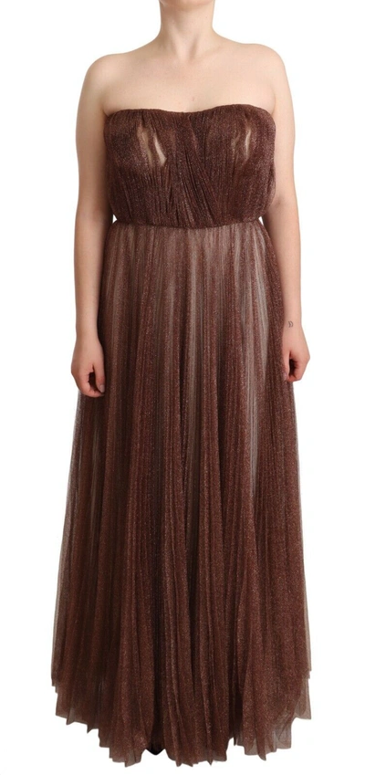 Dolce & Gabbana Metallic Bronze Polyester Maxi Gown Dress In Bronze