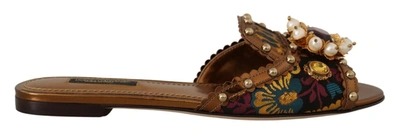 Shop Dolce & Gabbana Chic Floral Print Flat Sandals With Faux Pearl Women's Detail In Multicolor