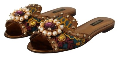 Shop Dolce & Gabbana Chic Floral Print Flat Sandals With Faux Pearl Women's Detail In Multicolor