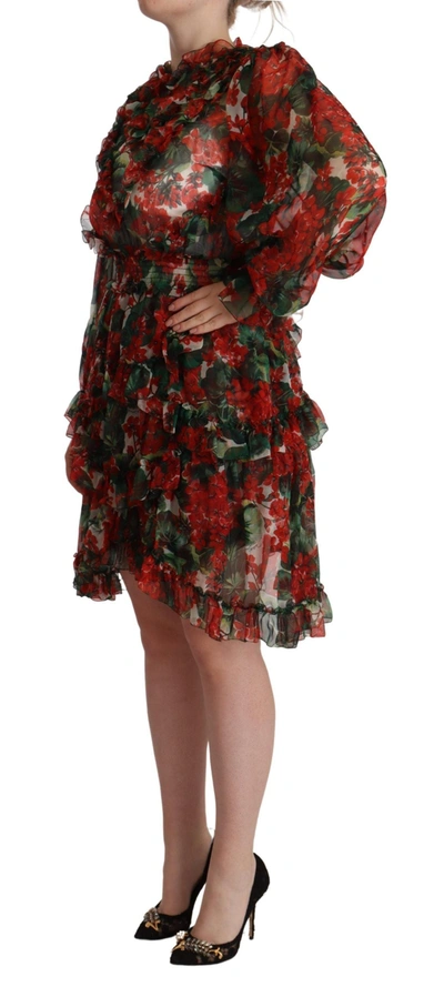 Dolce & Gabbana Multicolor Ruffle Floral Long Sleeves Dress In Red