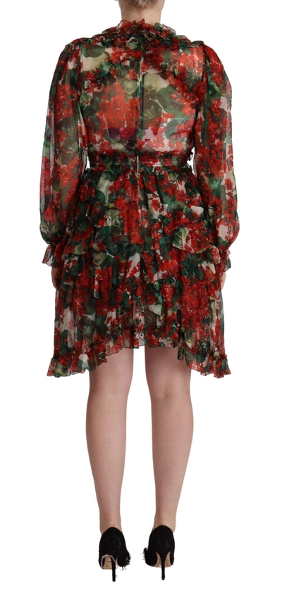 Dolce & Gabbana Multicolor Ruffle Floral Long Sleeves Dress In Red