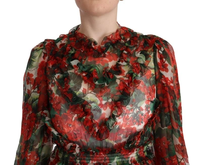 Dolce & Gabbana Multicolor Ruffle Floral Long Sleeves Dress In Red