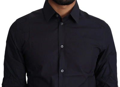 Shop Dolce & Gabbana Navy Blue Slim Fit Gold Series Dress Men's Shirt In Black
