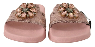Shop Dolce & Gabbana Pink Lace Crystal Sandals Slides Beach Women's Shoes