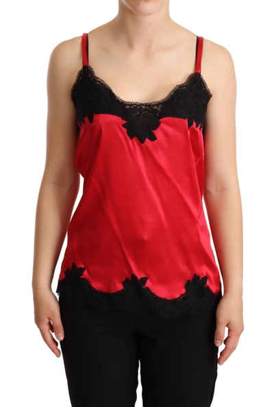 Shop Dolce & Gabbana Red Floral Lace Trimmed Silk Satin Camisole Women's Top