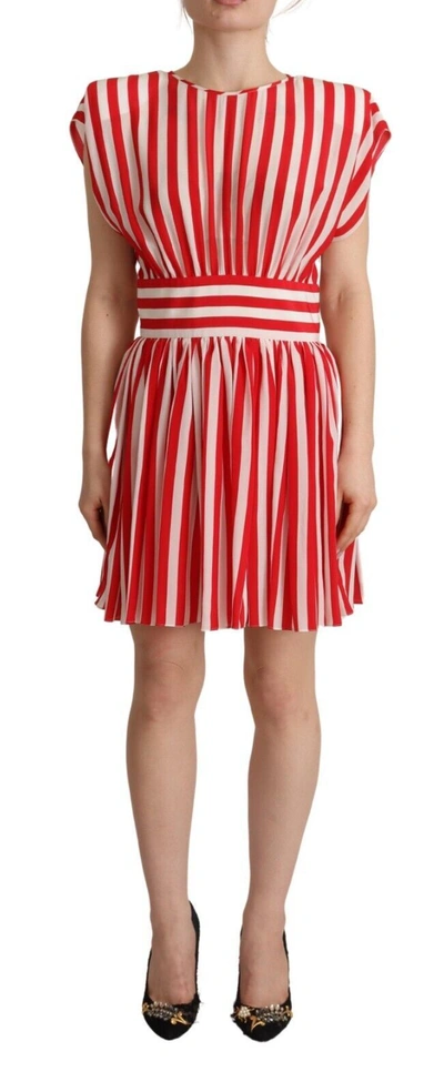 Dolce & Gabbana Red White Stripes Silk Mini A-line Dress In Red