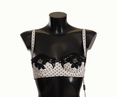 Dolce & Gabbana White Black Polka Dot Satin Lace Balconette Bra In White