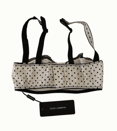 Dolce & Gabbana White Black Polka Dot Satin Lace Balconette Bra In White