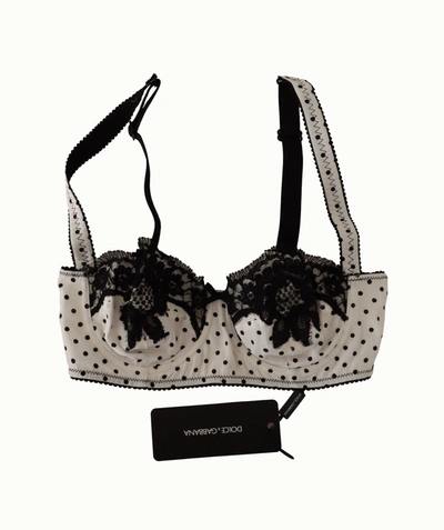 Dolce & Gabbana White Black Polka Dot Satin Lace Balconette Bra In White