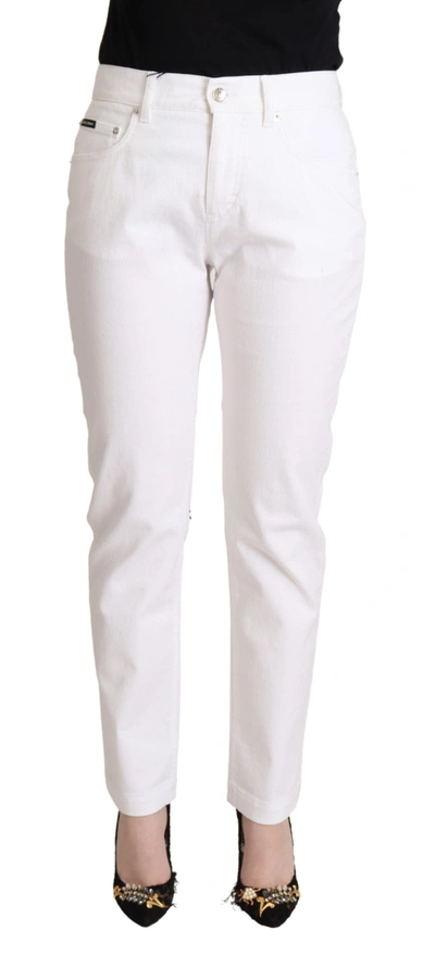 Shop Dolce & Gabbana Chic White Tapered Denim Jeans With Logo Women's Patch