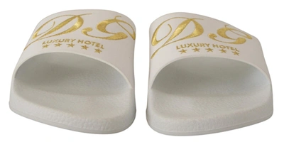 Shop Dolce & Gabbana Chic White Leather Slides With Gold Men's Embroidery