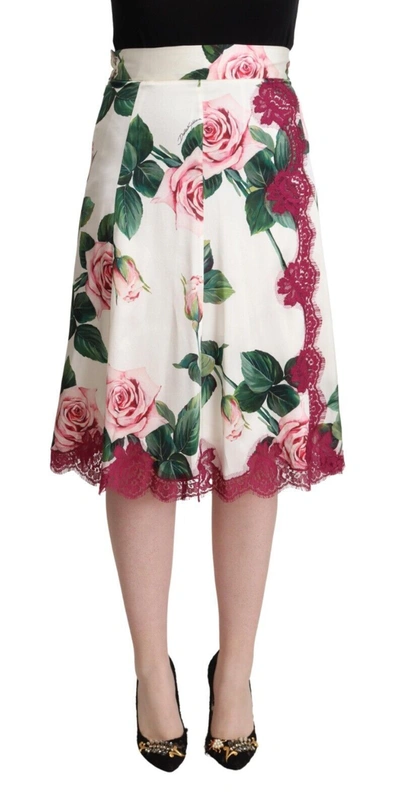 Dolce & Gabbana White Rose Print High Waist Midi A-line Skirt In White